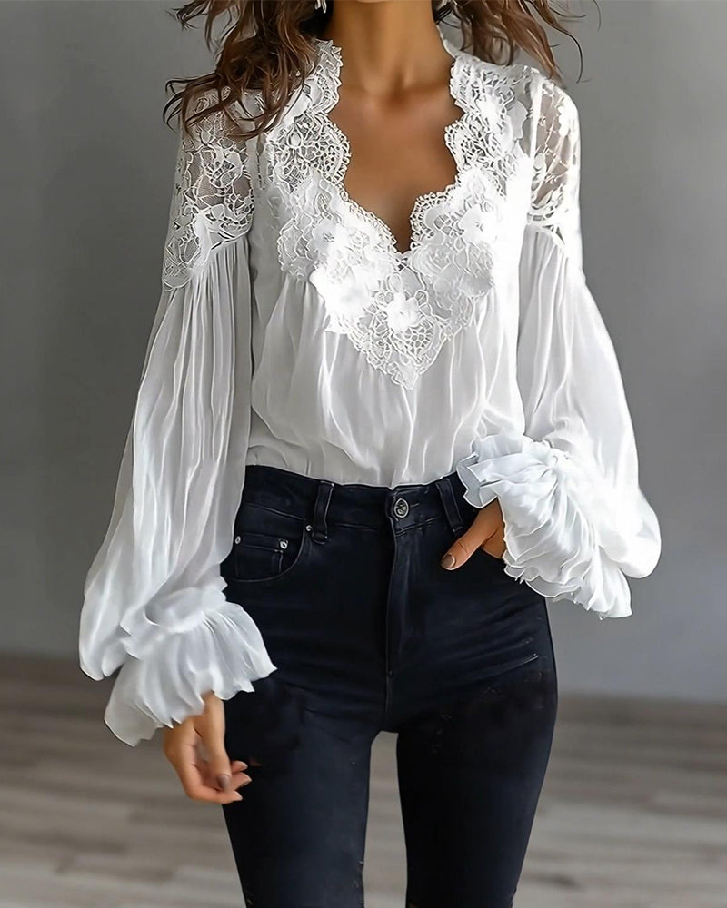 Lace Patchwork V-Neck Blouse