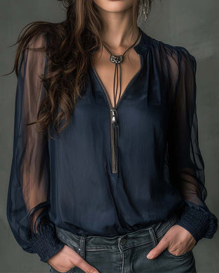 Half-Zip Mesh Long-Sleeve Blouse