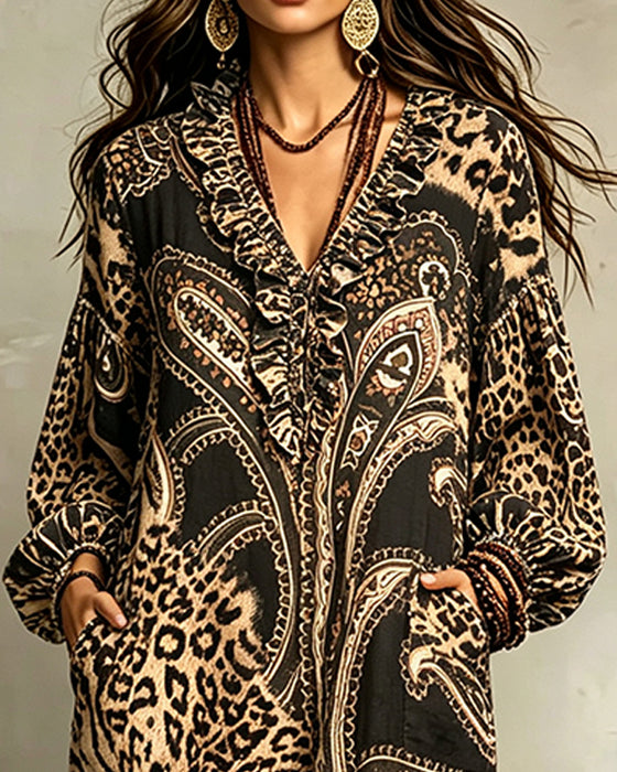 V-Neck Ruffled Puff Sleeve Pocket Dress
