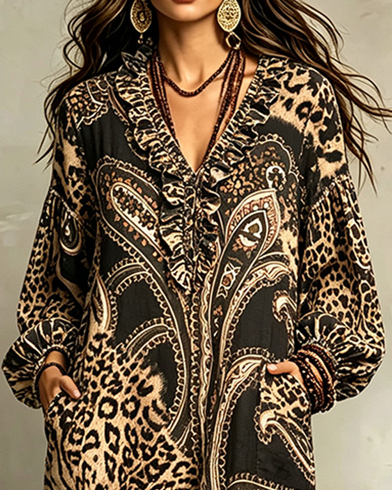 V-Neck Ruffled Puff Sleeve Pocket Dress