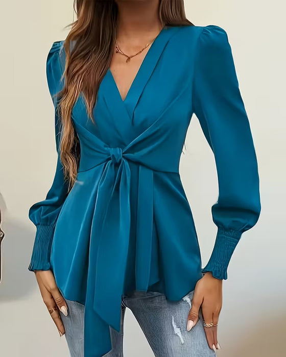Elegant Cross-Tie Lantern Sleeve Top