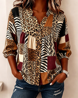 Leopard Color-Block V-Neck Blouse