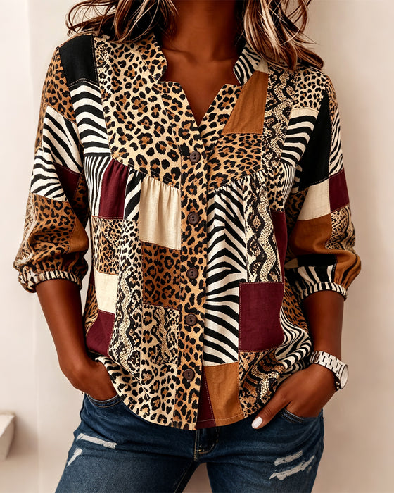 Leopard Color-Block V-Neck Blouse