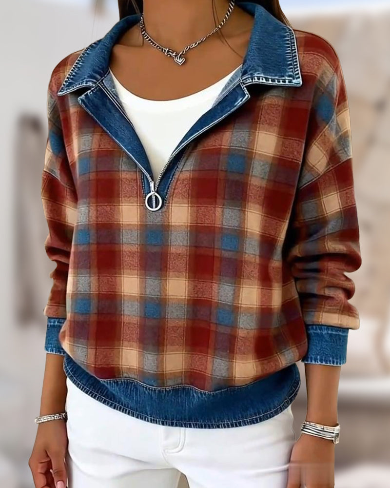 Women'S Casual Lapel Denim Patchwork Plaid Print Pullover Sweatshirt