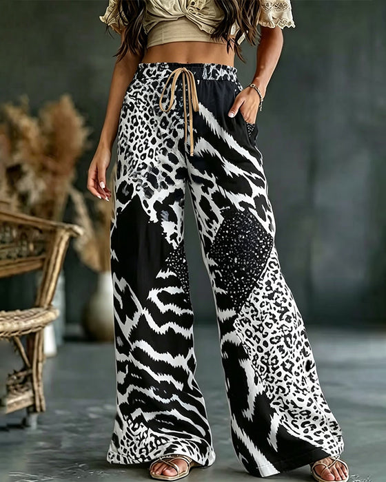 Leopard Print Patchwork Wide Leg Casual Pants