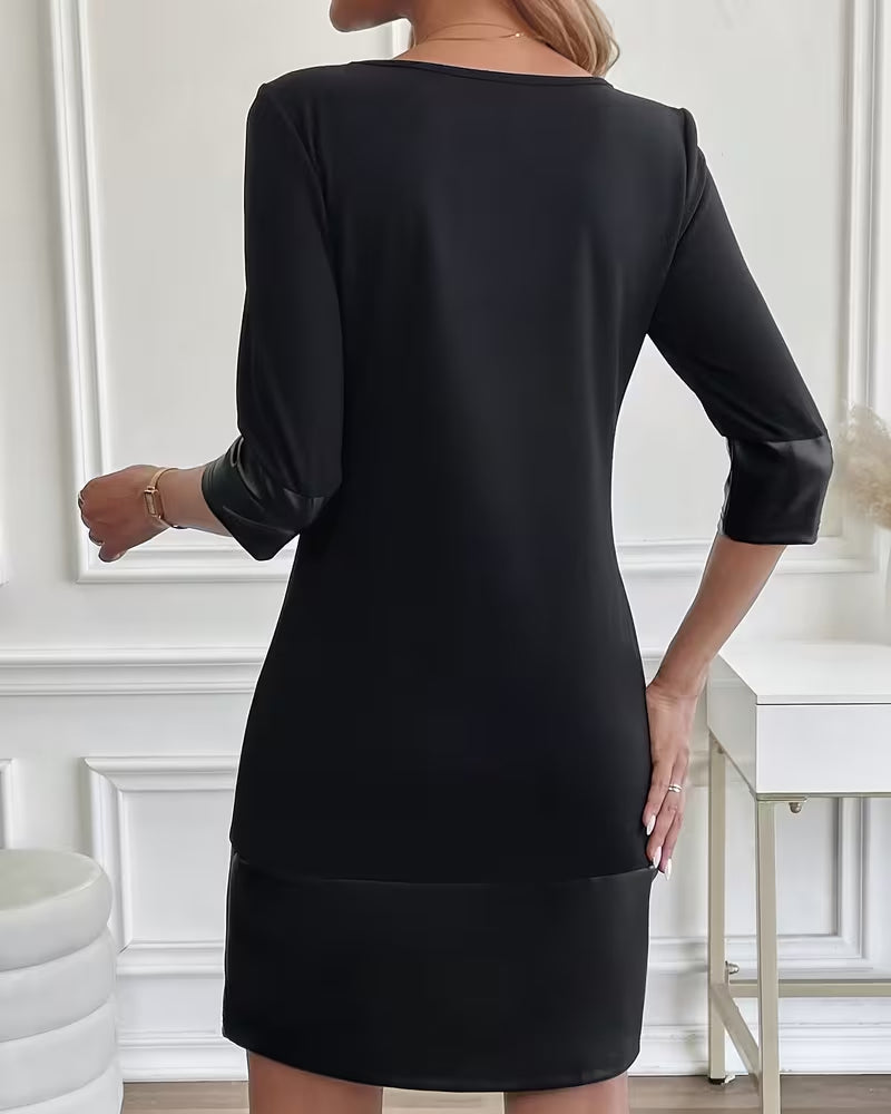 Pu Leather Patchwork Round Neck Dress