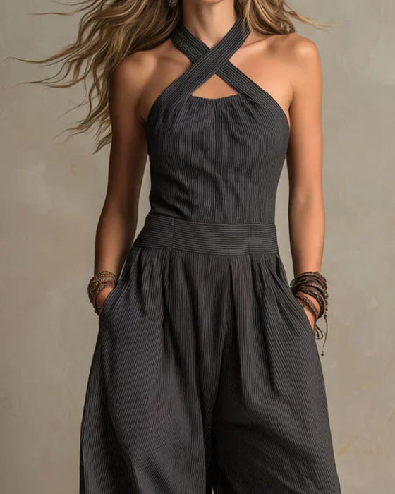 Halter Cross Sleeveless Stripe Jumpsuit