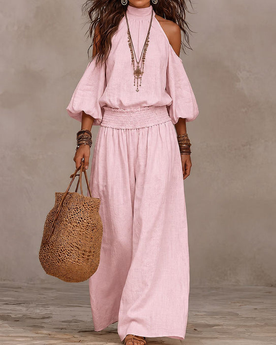 Off-Shoulder Long Sleeve Shirred Pants Set