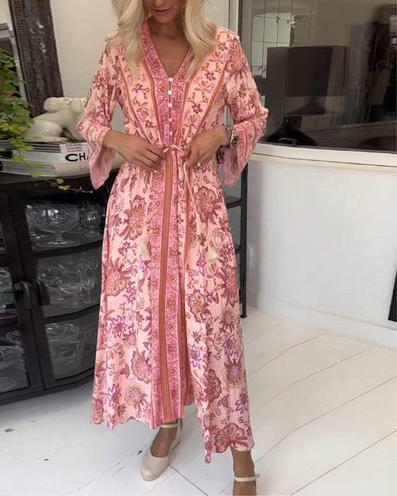 Elegant printed V-neck button drawstring dress