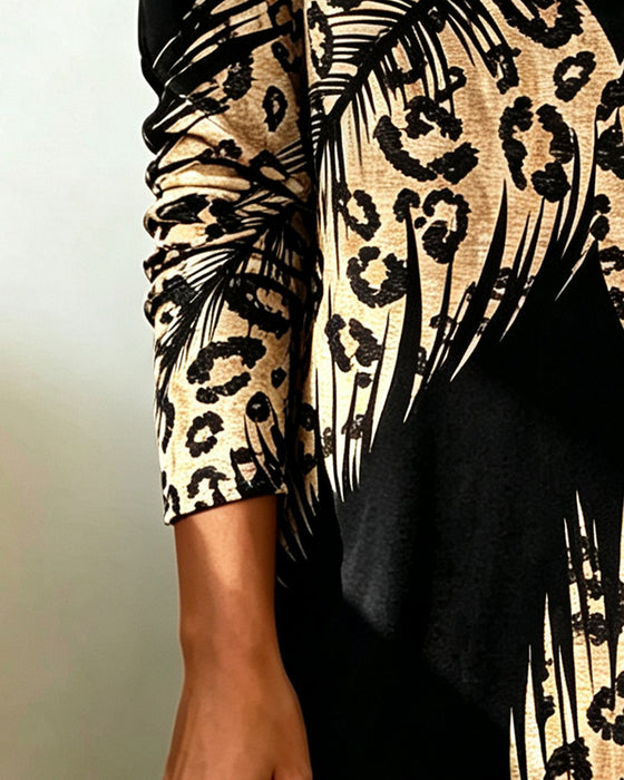 Leopard Print Color Block Cowl Neck Dress
