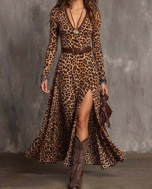 Leopard-Print V-Neck Dress With A Slit