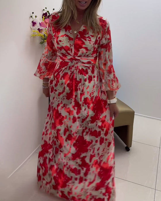 Fashionable printed deep V knitted bell sleeve dress