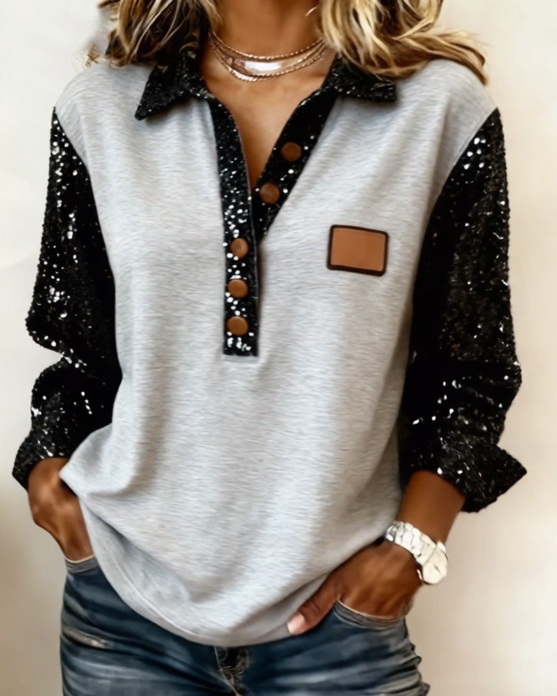Casual Sequined Patchwork Long-Sleeved Sweatshirt