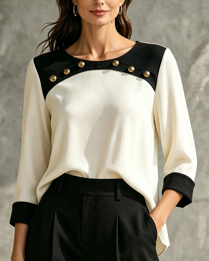Contrast Buttoned Three-Quarter Sleeve Top