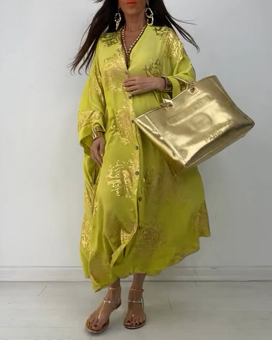 Long sleeve printed button loose dress