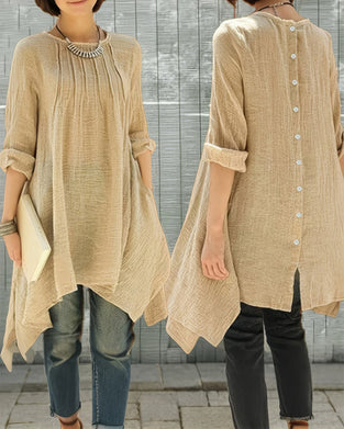 Asymmetrical Hem Button-Front Midi Blouse