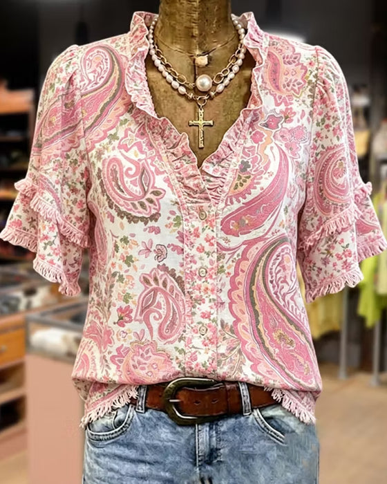 Casual Ruffled V-Neck Blouse