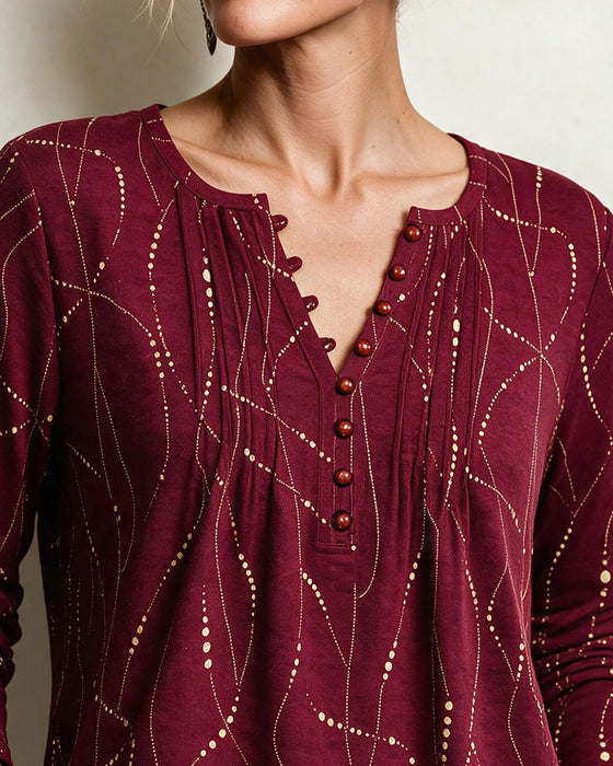 V-Neck Button Shirred Line Blouse