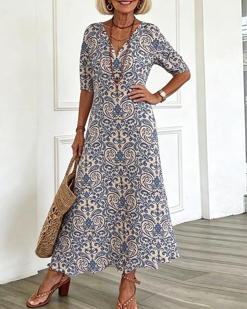 Vintage Floral V-Neck Maxi Dress