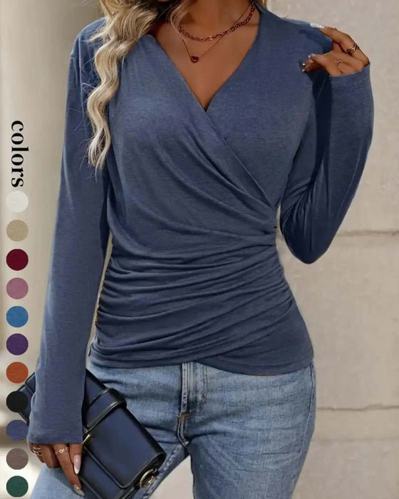 V-Neck Cross Shirred Blouse