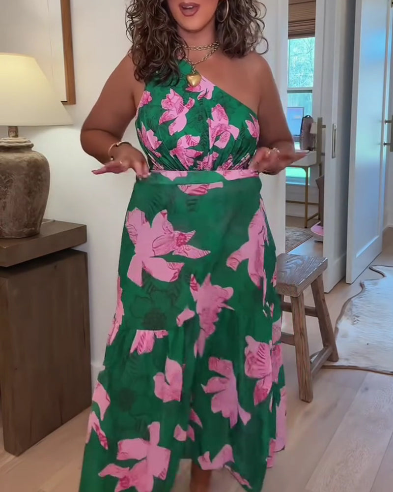 Color Block Floral One-Piece Swimsuit Cover-Up