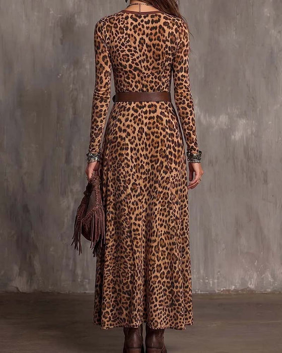 Leopard-Print V-Neck Dress With A Slit