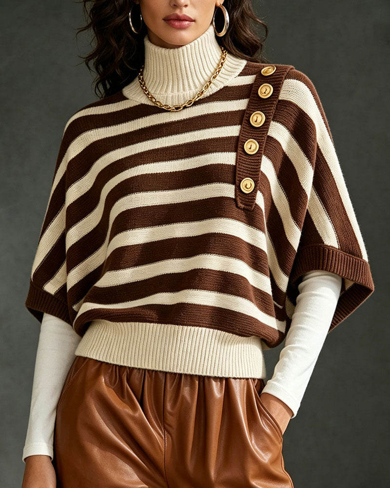 Turtleneck Button Striped Half Sleeve Sweater Pullover