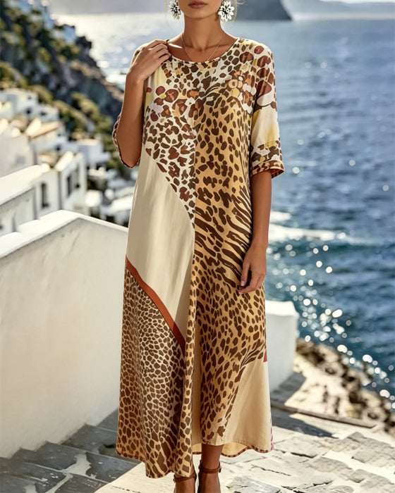 Leopard Print Crew Neck Patchwork Dress