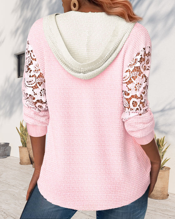 Button stitching lace hollow hoodie