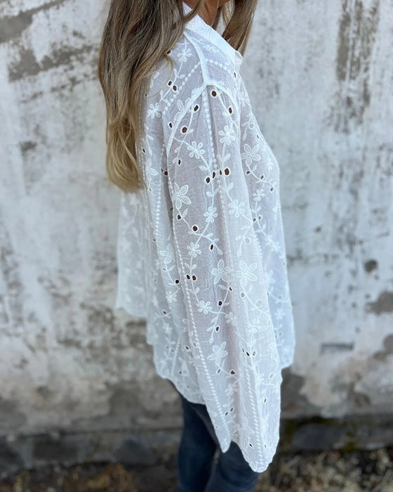 Floral Hollow Out Long-Sleeve Blouse