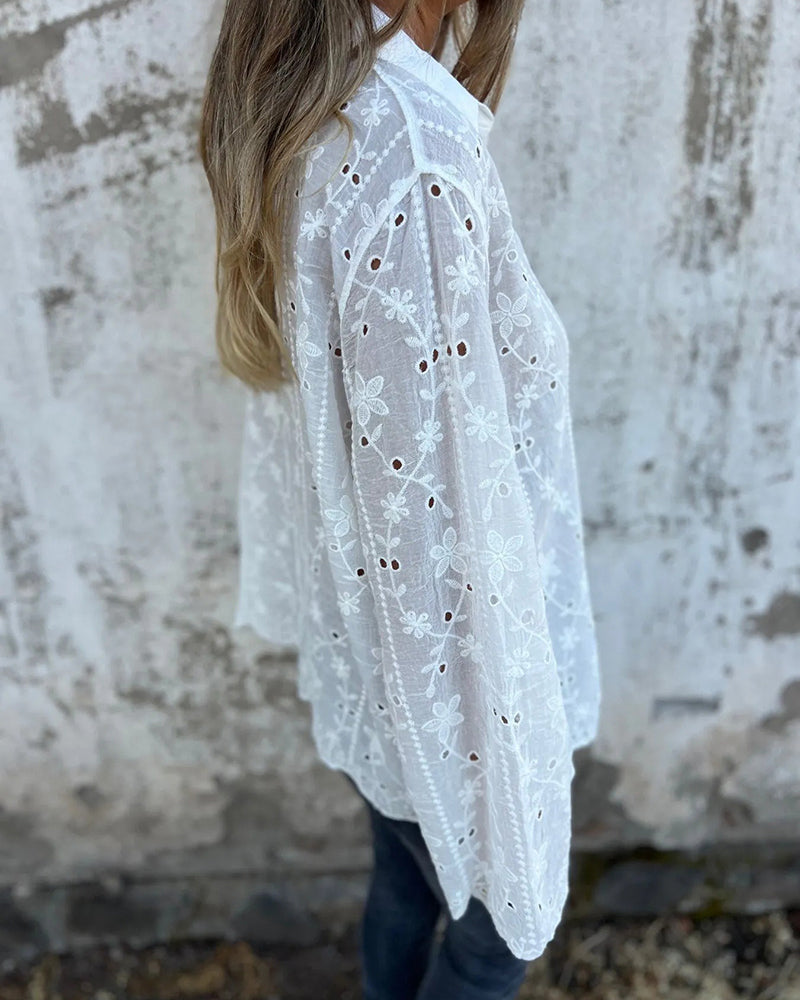 Floral Hollow Out Long-Sleeve Blouse