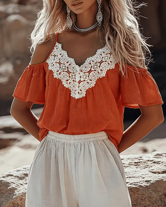 Lace Patchwork Off-Shoulder Blouse