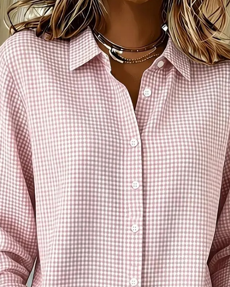 V-Neck Plaid Button-Down Loose Casual Shirt