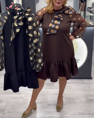 Casual Polka Dot Long-Sleeved Knee-Length Dress