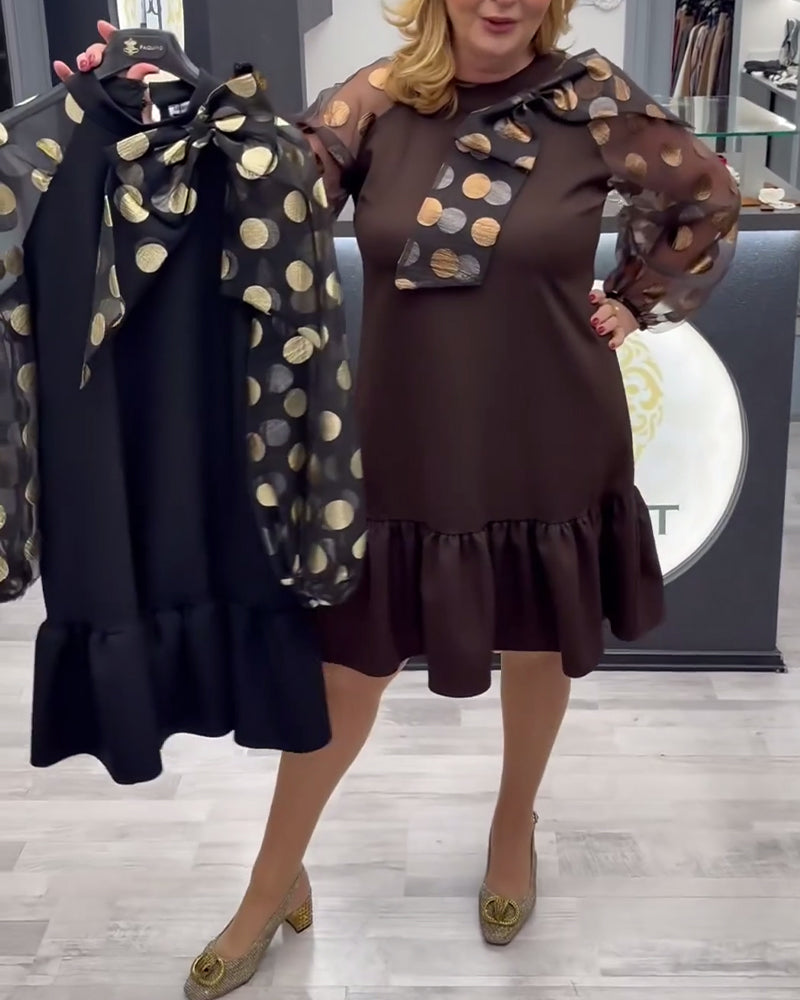 Casual Polka Dot Long-Sleeved Knee-Length Dress