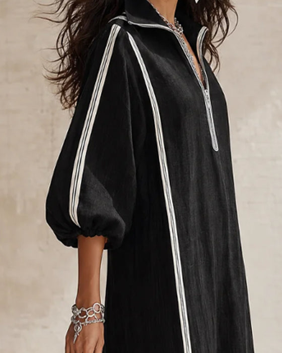 Stripe Zipper Lapel Full-Skirt Dress