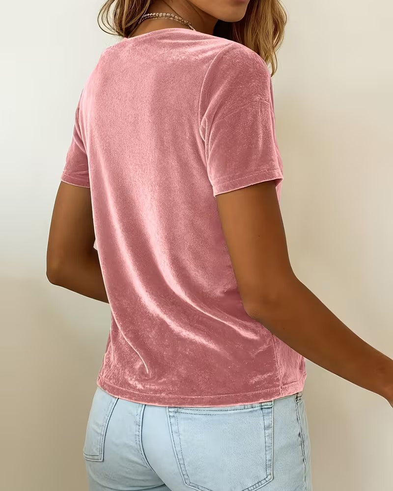 Draped Neck Short Sleeve Velvet T-shirt