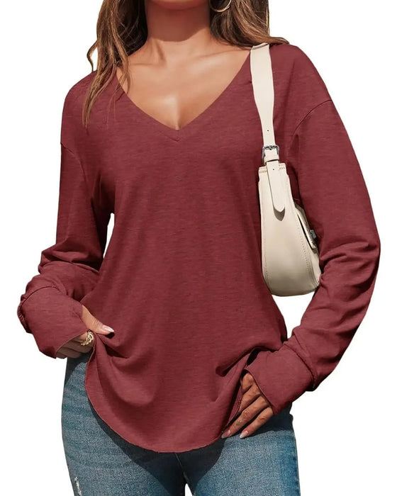 V-Neck Drop-Shoulder Solid Loose-Fit Top