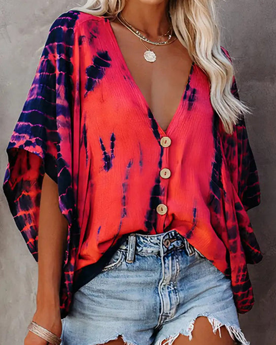 V-Neck Tie-Dye Casual Blouse