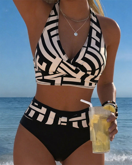 Geometric Print High-Waist Bikini