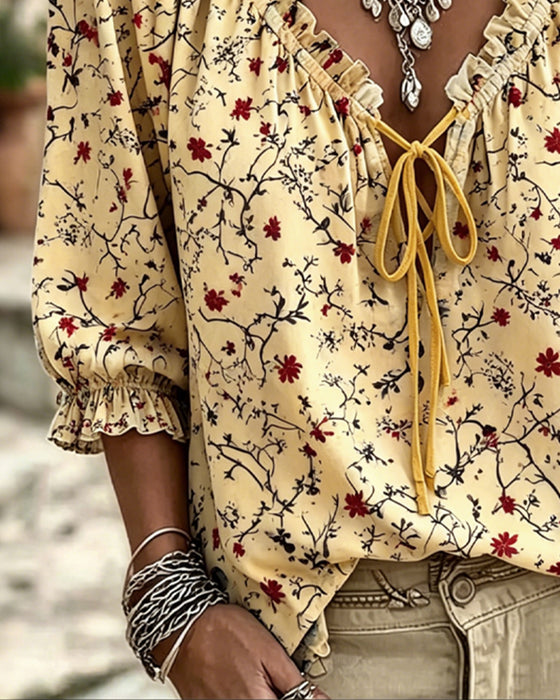 Small Red Flower Floral Tie Blouse