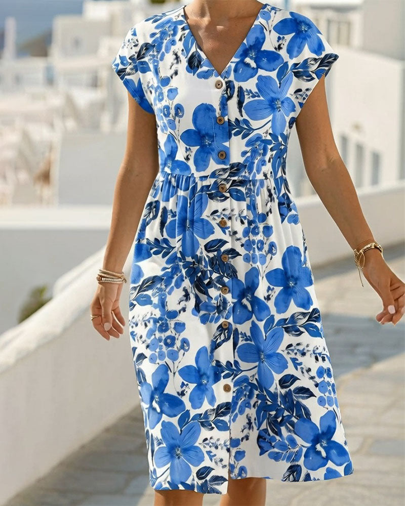 Floral Print V-Neck Short-Sleeve Dress