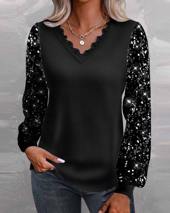 Casual solid color sequin V-neck top