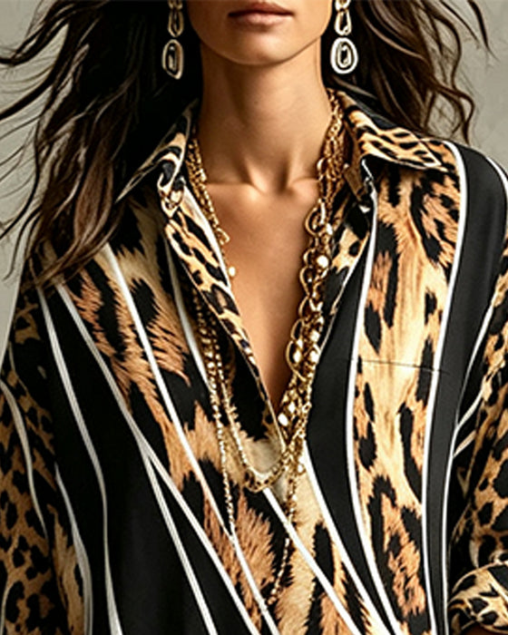 Leopard Diagonal Stripe Lapel Dress