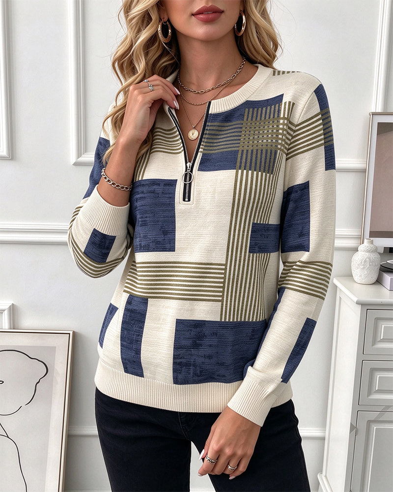 Round Neck Geometric Half-Zip Knitted Sweatshirt