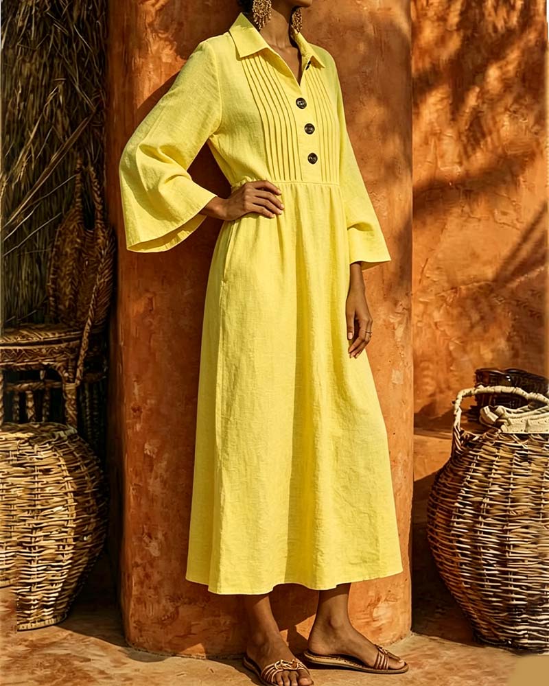 Shirt Collar Shirred Long Sleeve Dress