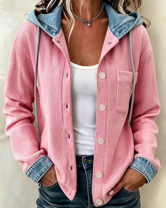 Hooded Ribbed Denim Patchwork Buttoned Coat