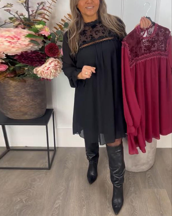 Lace Cutout Puff-Sleeve Elegant Dress