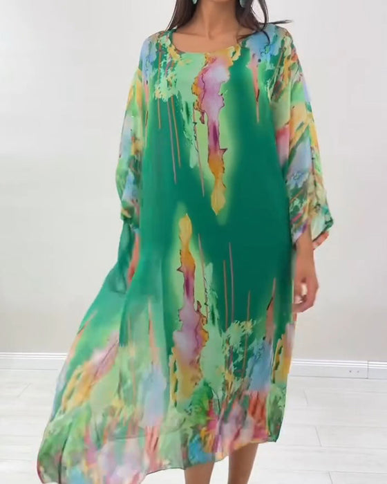 Round Neck Bat Sleeve Smudged Dress
