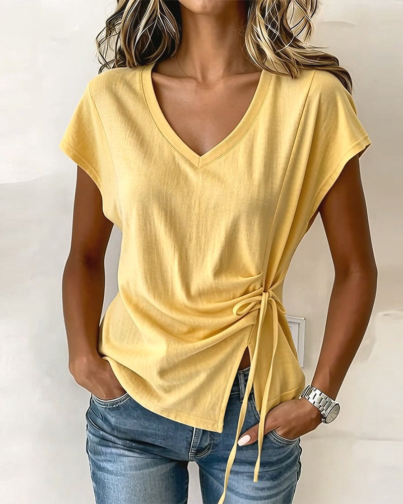Side Drawstring V-Neck Solid Color T-Shirt